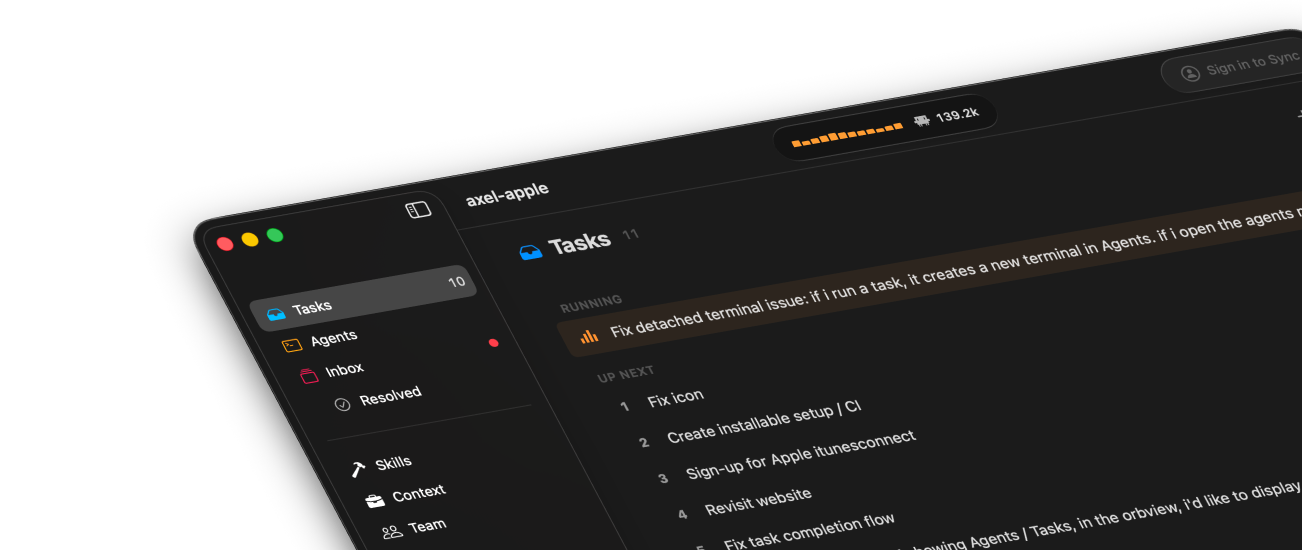 Axel app showing task management interface